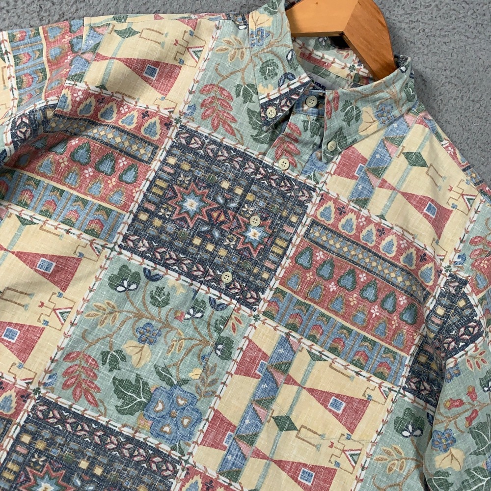 Reyn Spooner Hawaiian Popover Shirt Mens Large Multi Patchwork Floral Geometric